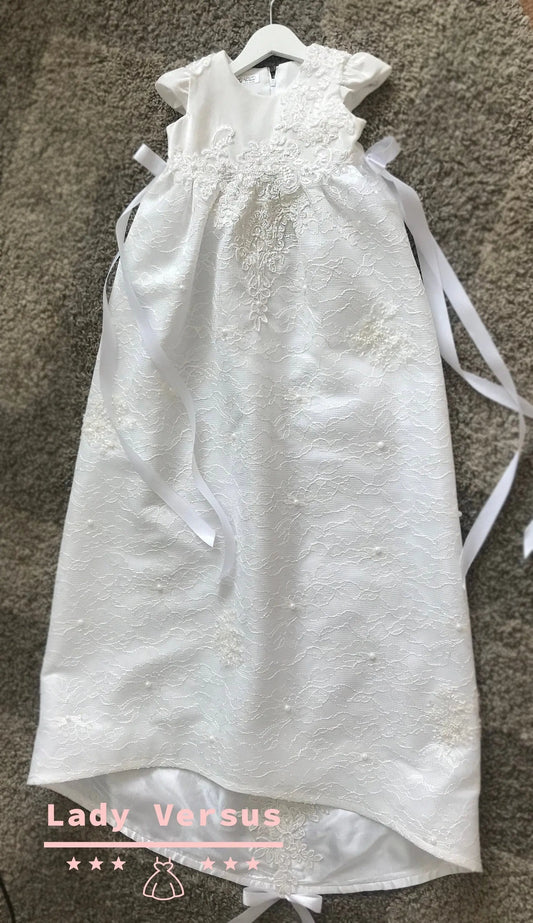 White long Baby Girl Baptism Dress /beaded lace/ Baby Girl Christening Gown | Baby Girl Baptism Outfit |  Baptism long dress
