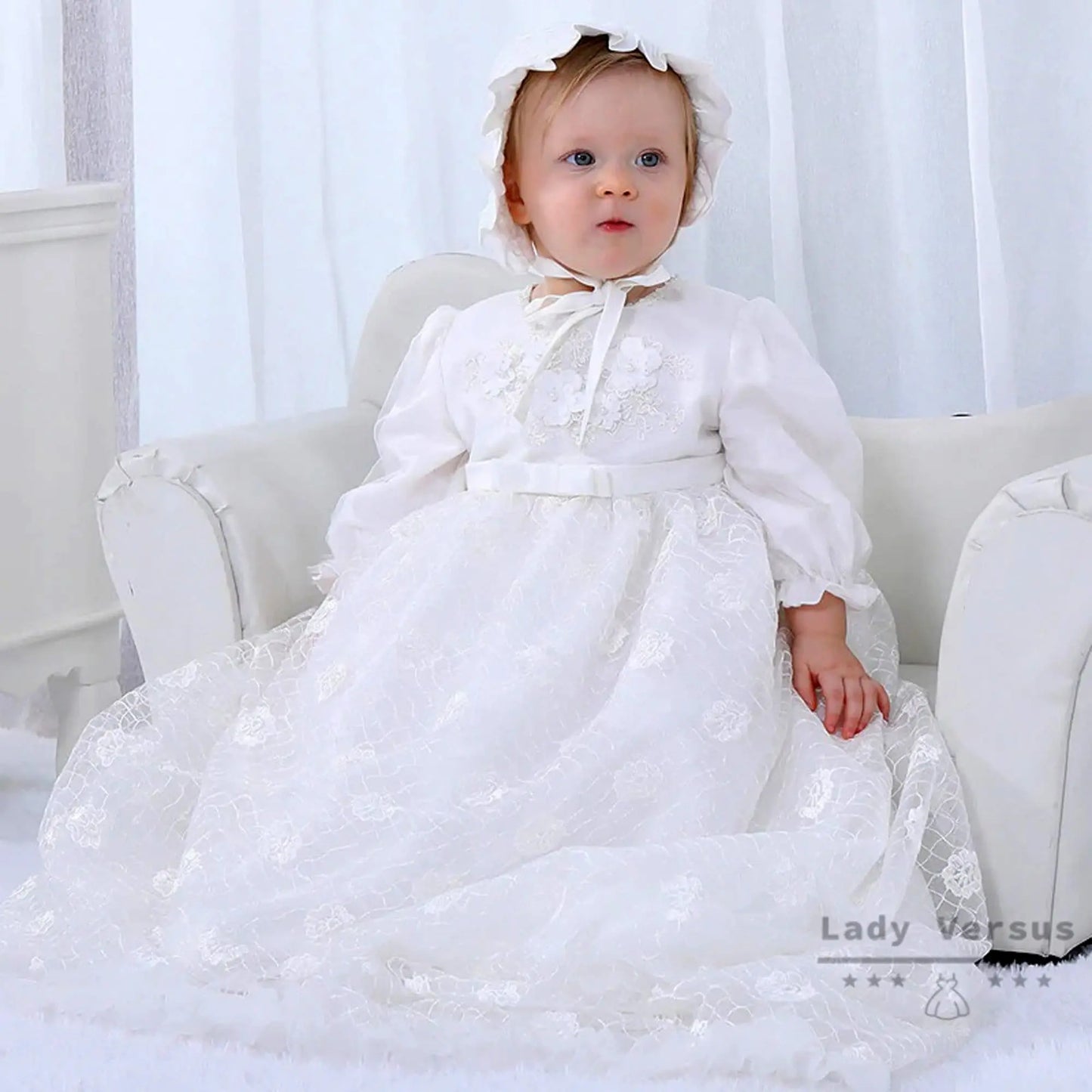 White long Baby Girl Baptism Dress /beaded lace/ Baby Girl Christening Gown | Baby Girl Baptism Outfit |  Baptism long dress with bonnet
