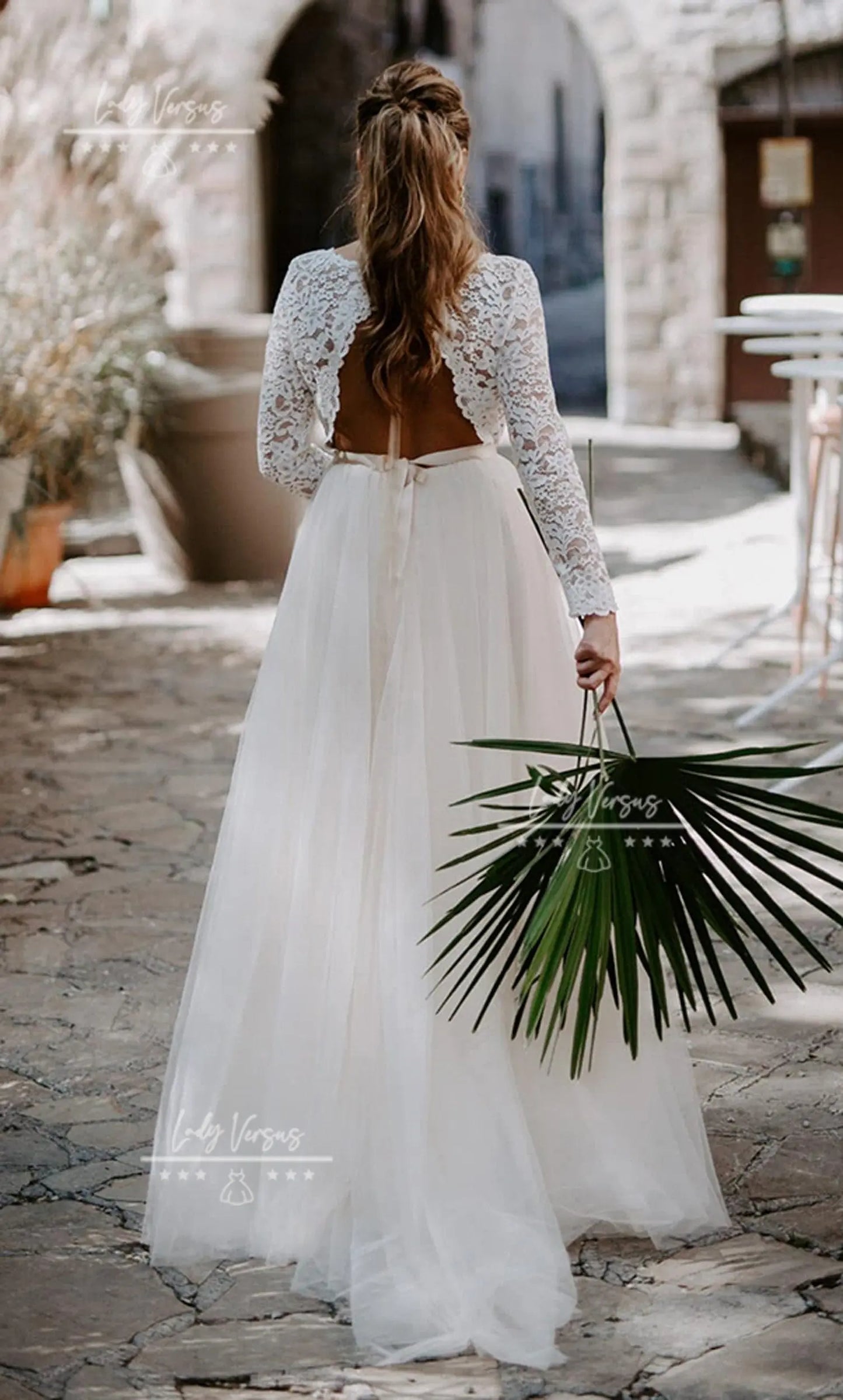 Boho long sleeve lace top Wedding Dress/ Bohemian Wedding Dress/ Beach Wedding Dress / Elegant bridal dress open back