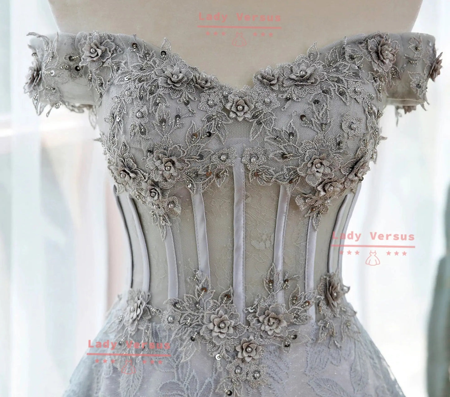 Grey 3D flowers  Wedding  Dress /Beach wedding dress /bridal gown/ bohemian lace dress/  lace dress/ Bridal dress/Prom Dress/Evening gown Lady Versus