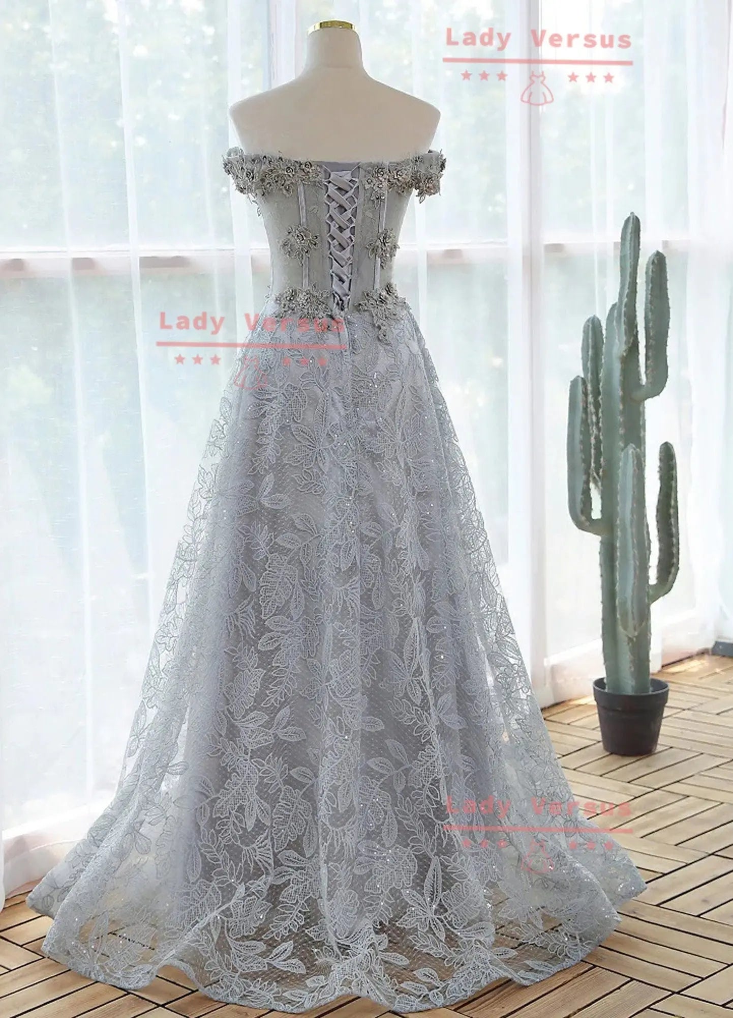 Grey 3D flowers  Wedding  Dress /Beach wedding dress /bridal gown/ bohemian lace dress/  lace dress/ Bridal dress/Prom Dress/Evening gown Lady Versus