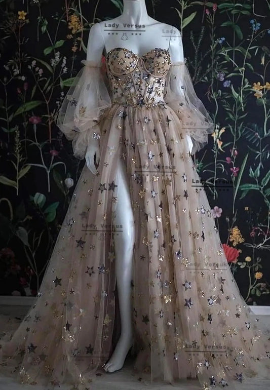 Gorgeous gold stars fabric bohemian fairy tail wedding  dress, with detachable sleeves, wedding dress, prom dress.