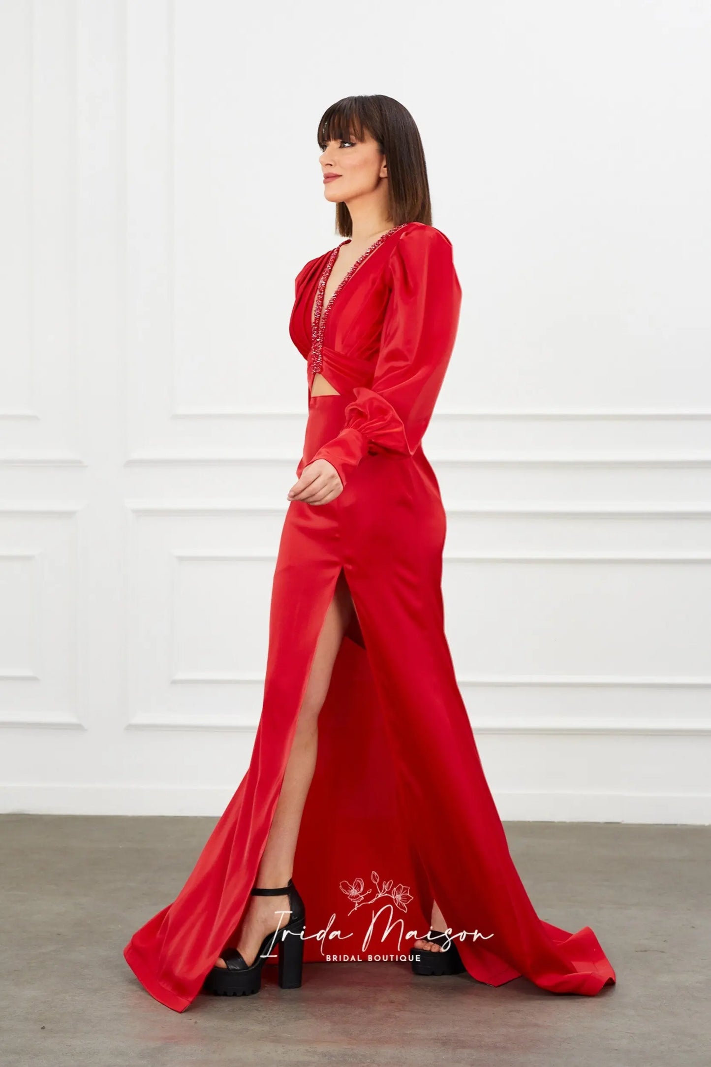 Luxury satin Red long Prom dress with long sleeves, Cocktail Dress, long Dress, Red Carpet Dress, Party Dress, Special Occasion Dress