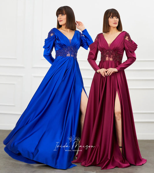 Luxury satin Red long Prom dress with long sleeves, Cocktail Dress, long Dress, Red Carpet Dress, Party Dress, Special Occasion Dress