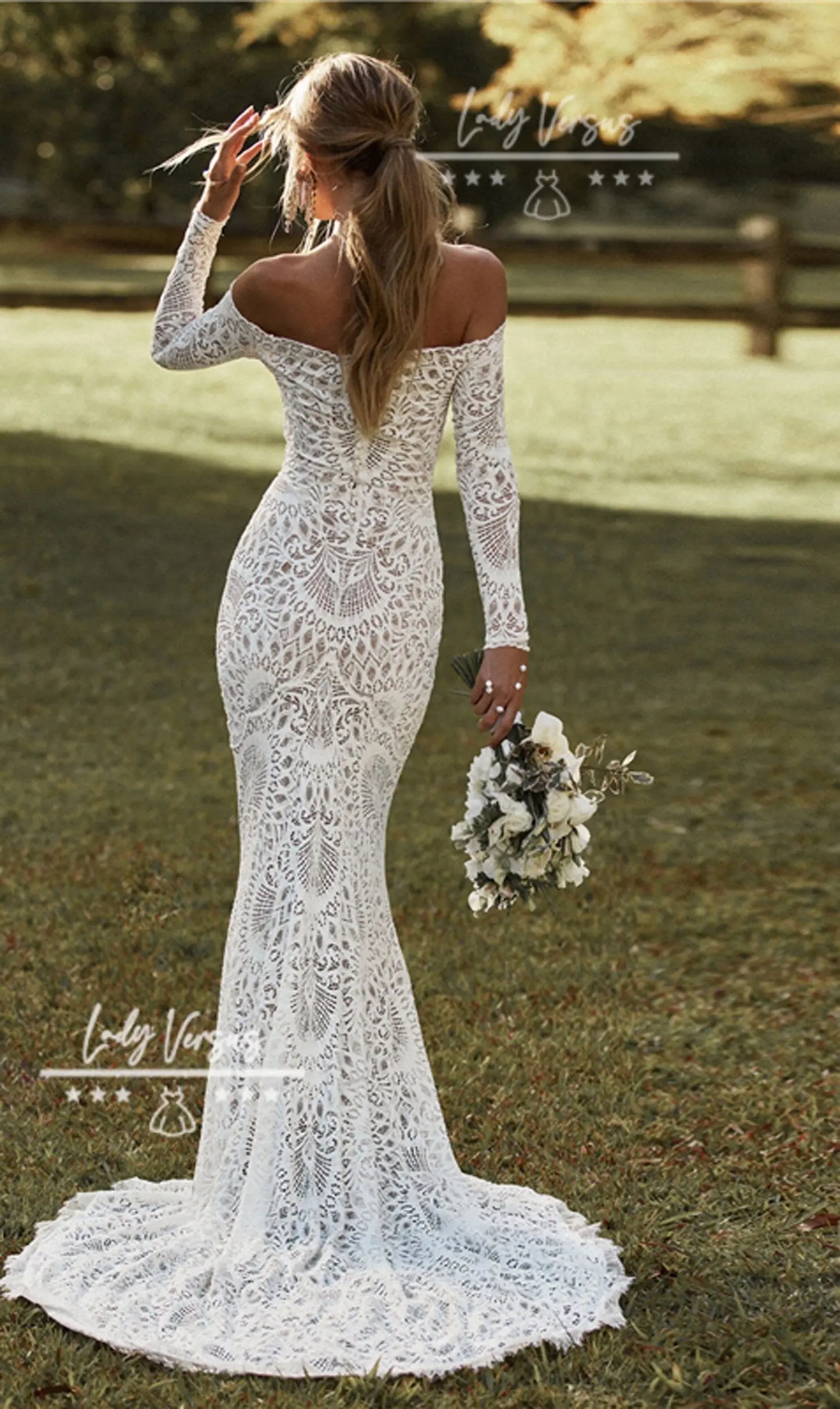 Stunning Bohemian Lace Wedding dress with long Fitted Sleeves /Beach wedding dress/ boho dress/lace wedding /Off Shoulder  Bridal Gown