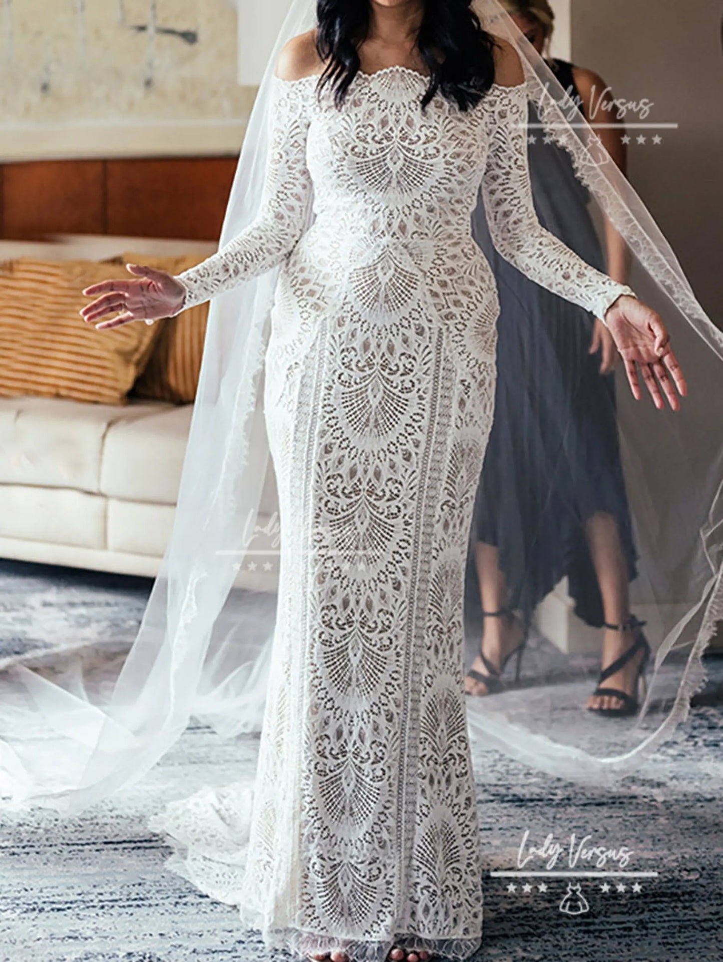 Stunning Bohemian Lace Wedding dress with long Fitted Sleeves /Beach wedding dress/ boho dress/lace wedding /Off Shoulder  Bridal Gown