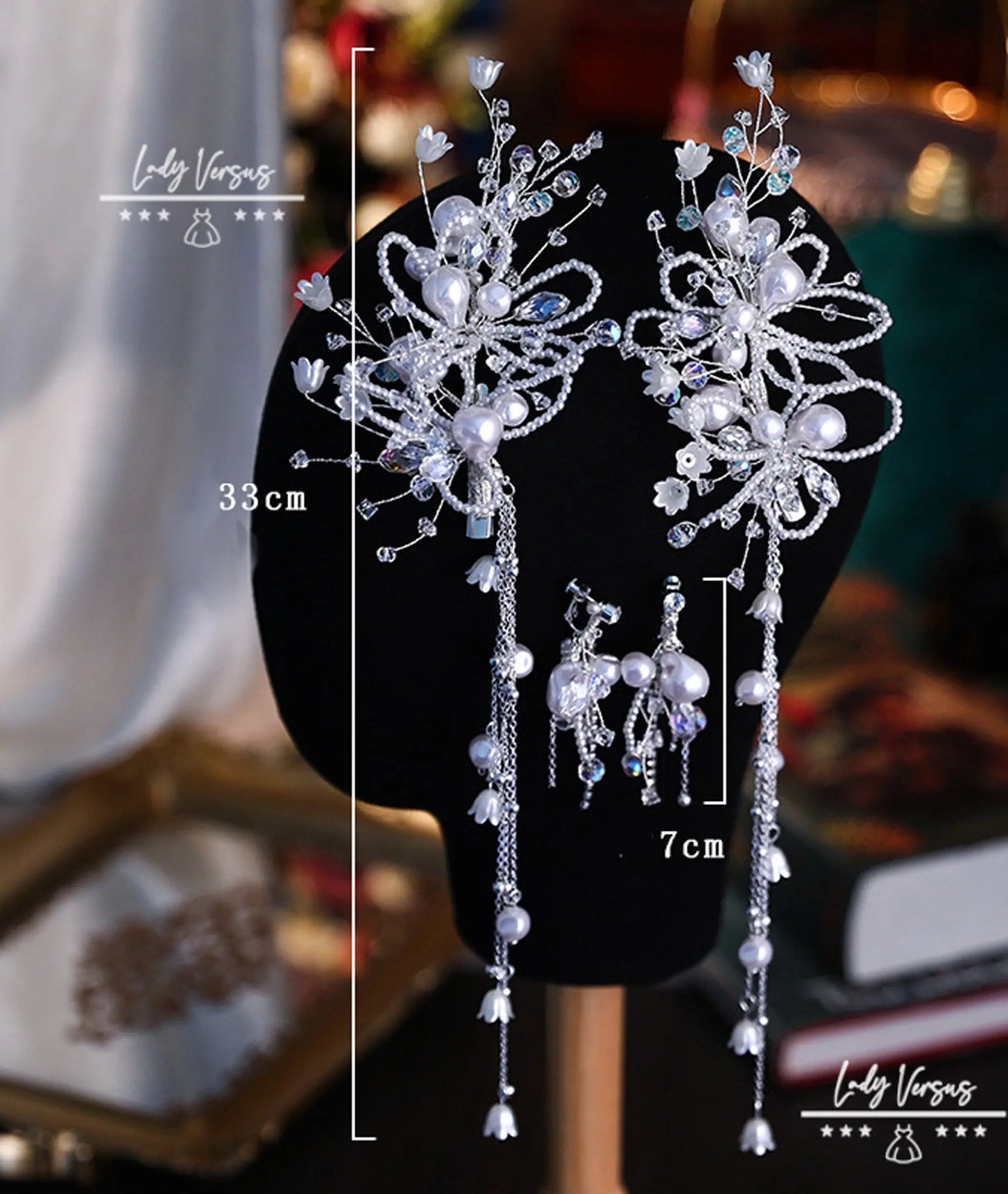 Stunning Classical bridal Silver metal Pearl hair 2 peace set with earrings/ wedding hair/ Hair Accessories/ wedding crown/Princess crown.