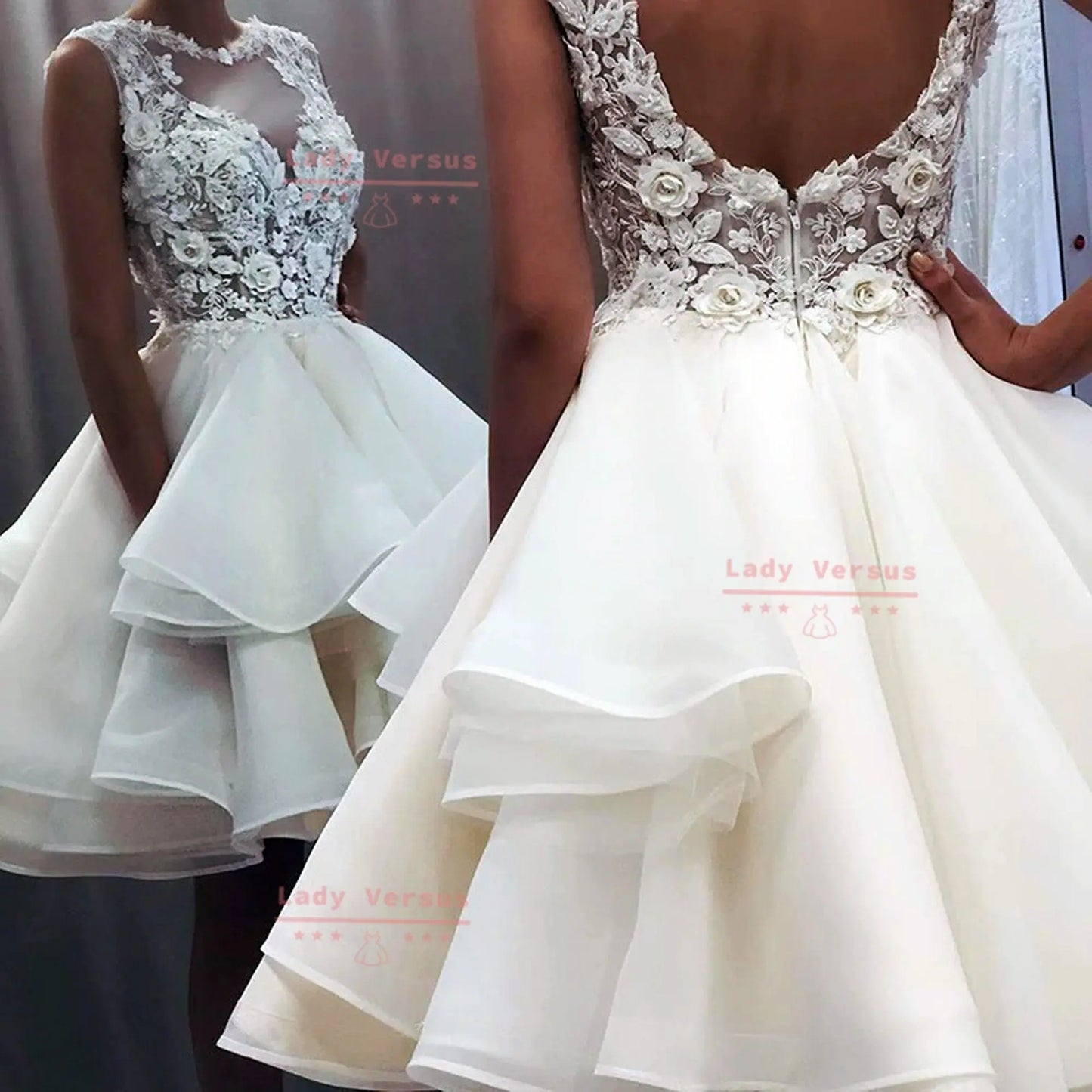 Short Chiffon  wedding dress/  Tulle Bridal Gown /Beach wedding dress /bridal gown/ bohemian lace dress/ Prom Dress Lady Versus