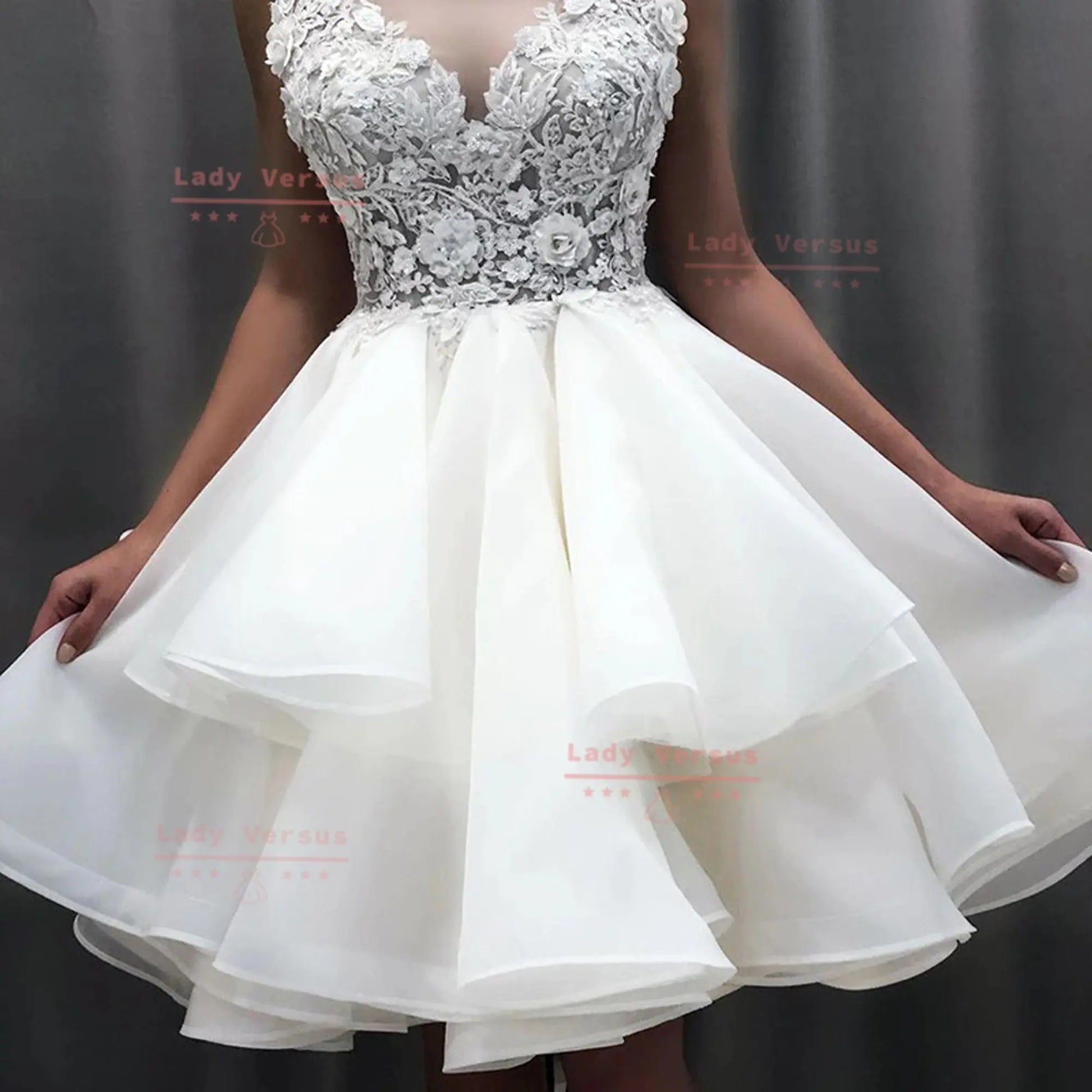 Short Chiffon  wedding dress/  Tulle Bridal Gown /Beach wedding dress /bridal gown/ bohemian lace dress/ Prom Dress Lady Versus