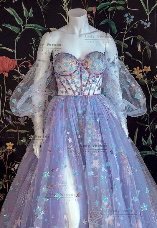 Unique fantasy  pink and blue stars tulle elegant Dress /Beach wedding dress /bridal gown/ bohemian lace dress/ Prom Dress Lady Versus