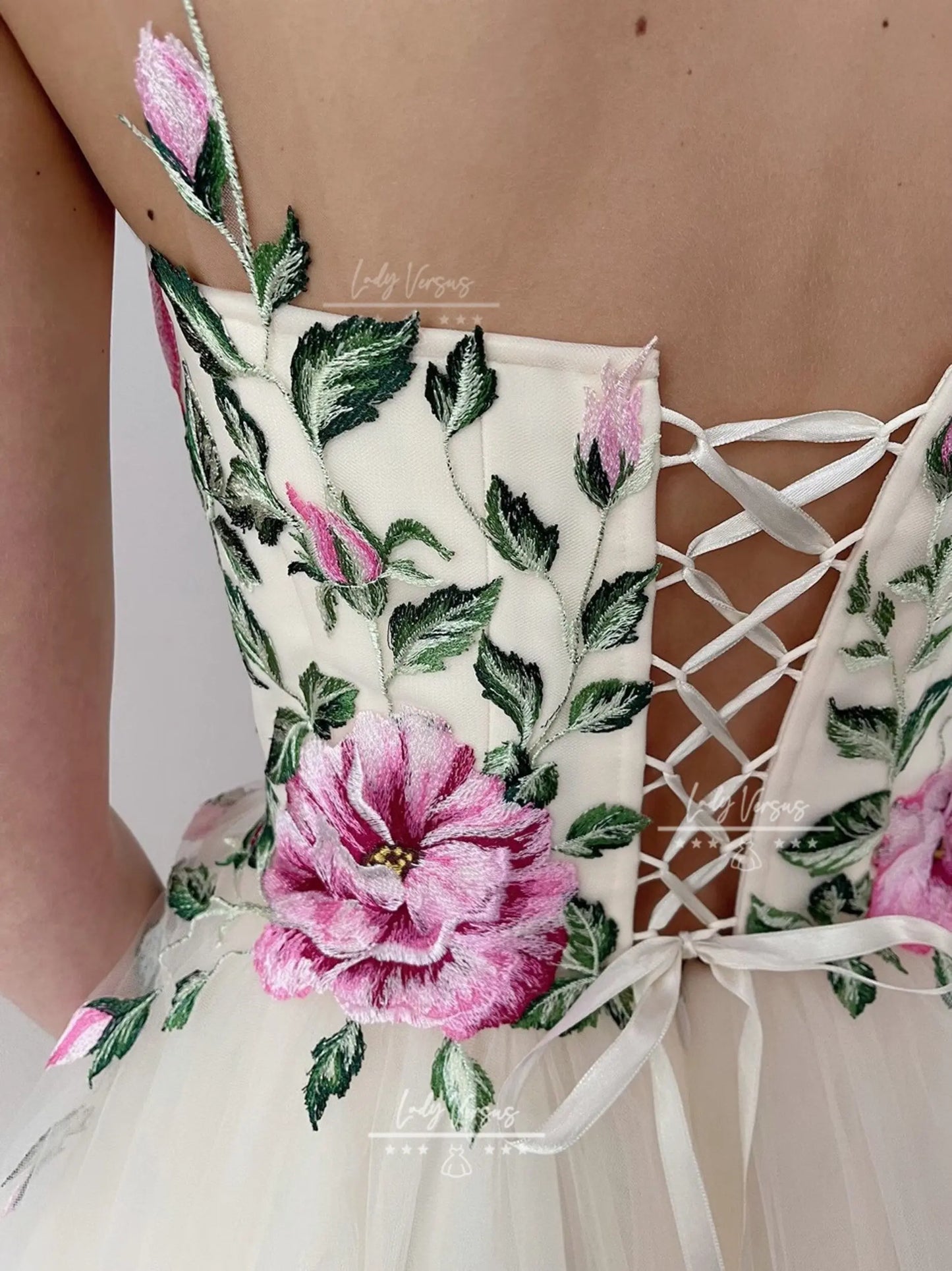 Elegant white lace with embroidery summer flower Wedding  Dress /Beach wedding dress /bridal gown/ Elegant dress/ Prom Dress