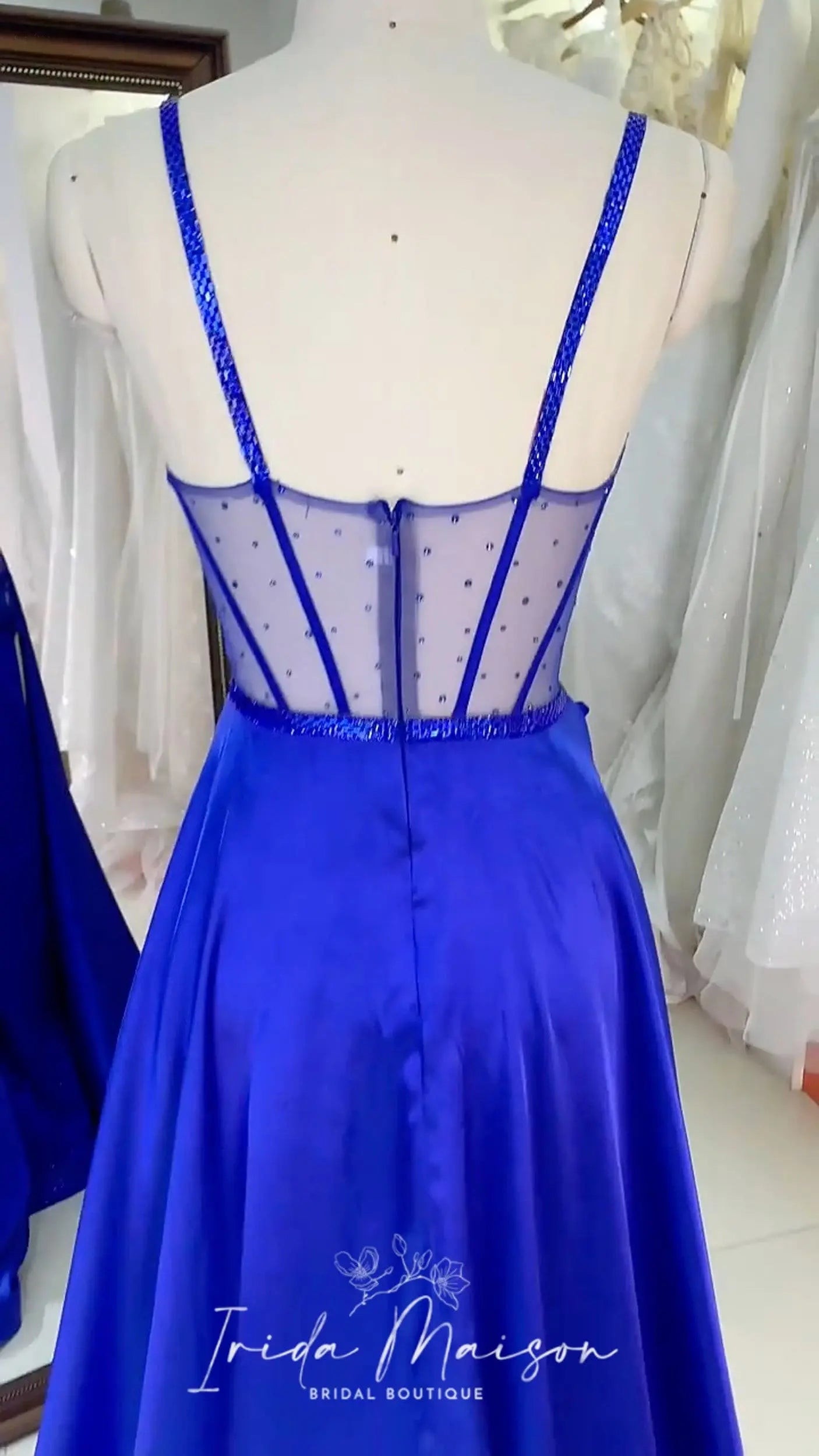 Sparkling Satin high slit Prom Dresses A-Line Princess corset bodice Spaghetti Straps Sleeveless Floor-Length Dress