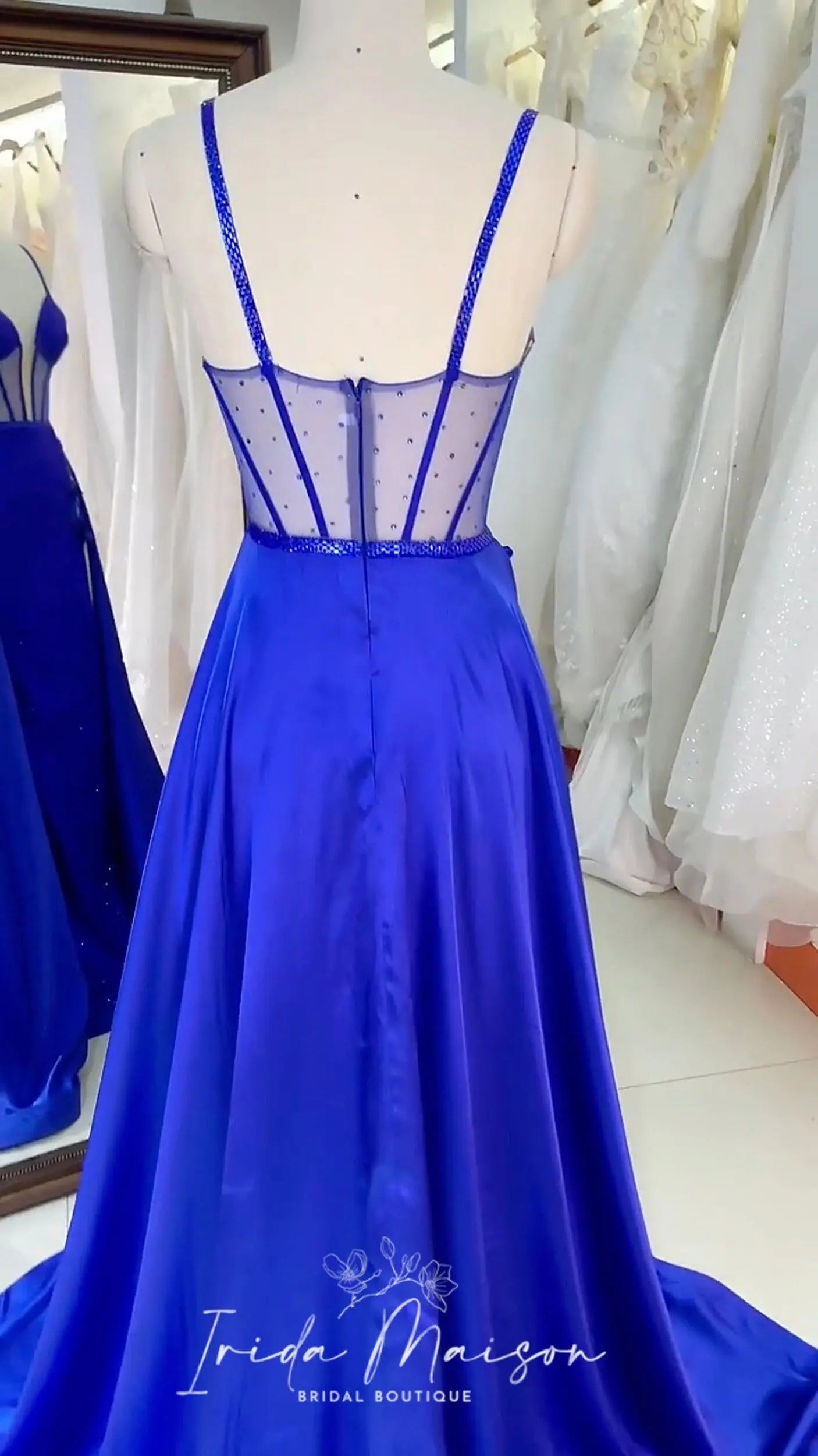 Sparkling Satin high slit Prom Dresses A-Line Princess corset bodice Spaghetti Straps Sleeveless Floor-Length Dress