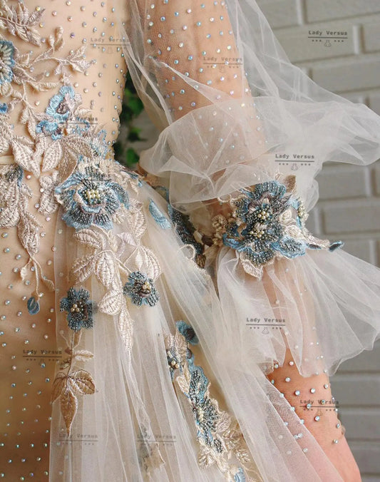 Unique Floral Fairytale dress , Beige  Long Sleeve prom dress ,Beige Wedding  Dress ,Beach wedding dress, long  sleeve flower dress Lady Versus