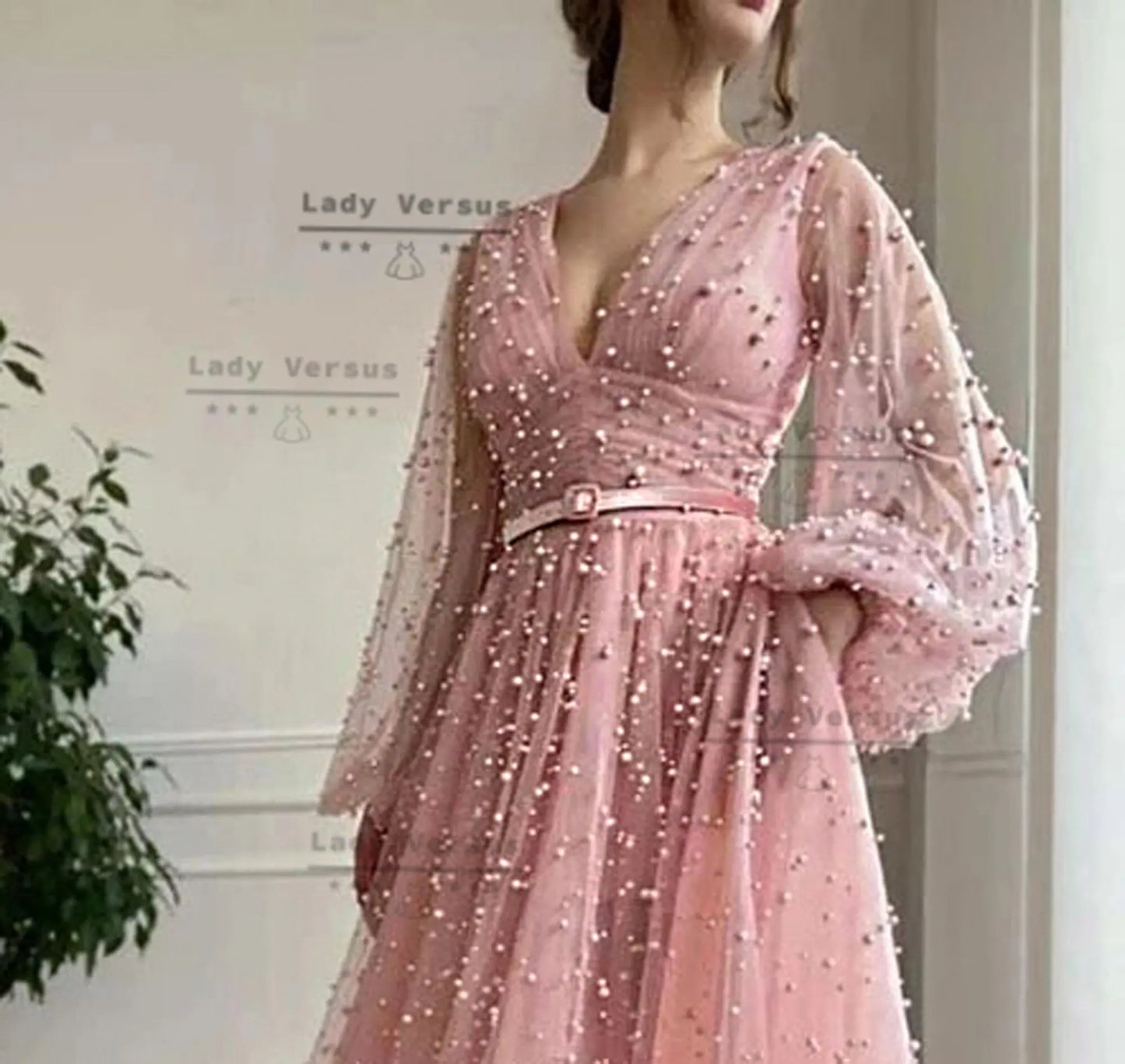 Unique Pearl beaded dress , Pink Long Sleeve prom dress ,Pink Wedding  Dress ,Beach wedding dress, long  sleeve flower dress Lady Versus