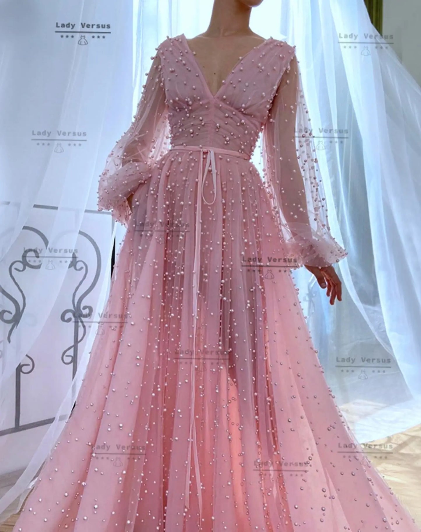 Unique Pearl beaded dress , Pink Long Sleeve prom dress ,Pink Wedding  Dress ,Beach wedding dress, long  sleeve flower dress Lady Versus