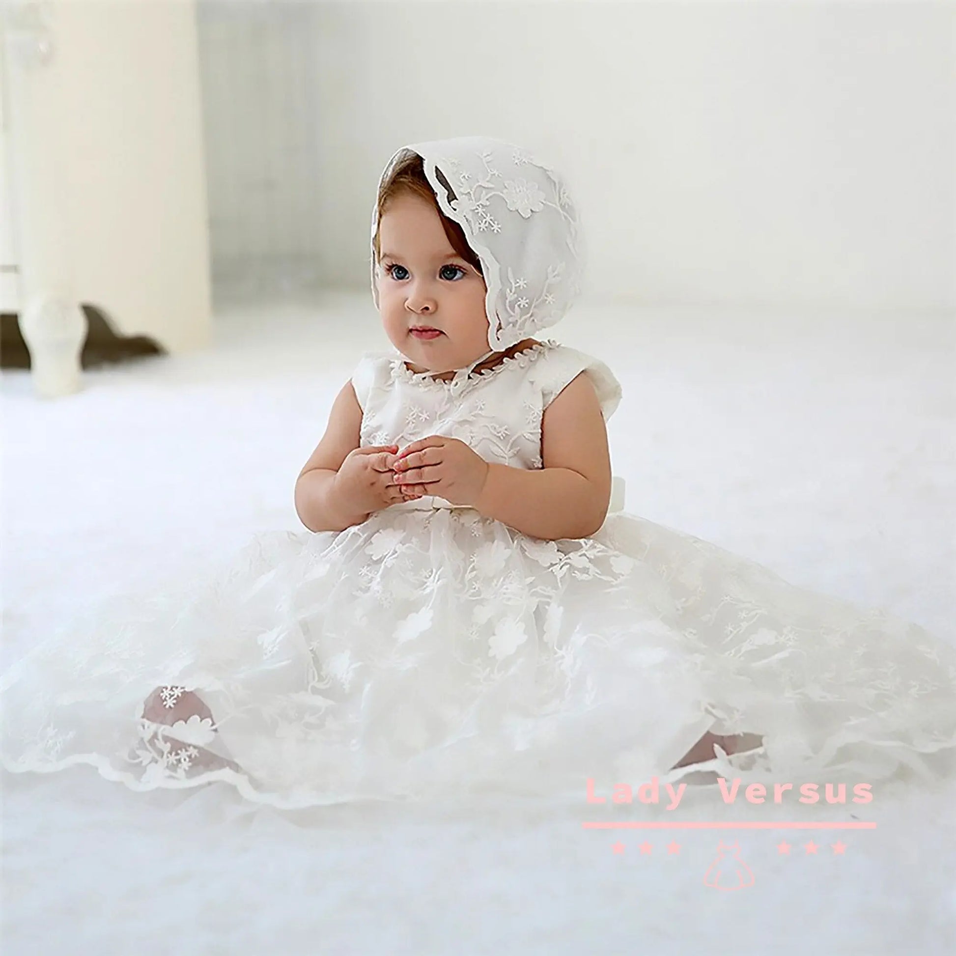White Baby Girl Baptism Dress and bonnet  / Newborn Baby Girl Christening Gown/ Baby Girl Baptism Outfit/ birthday princess gown Lady Versus