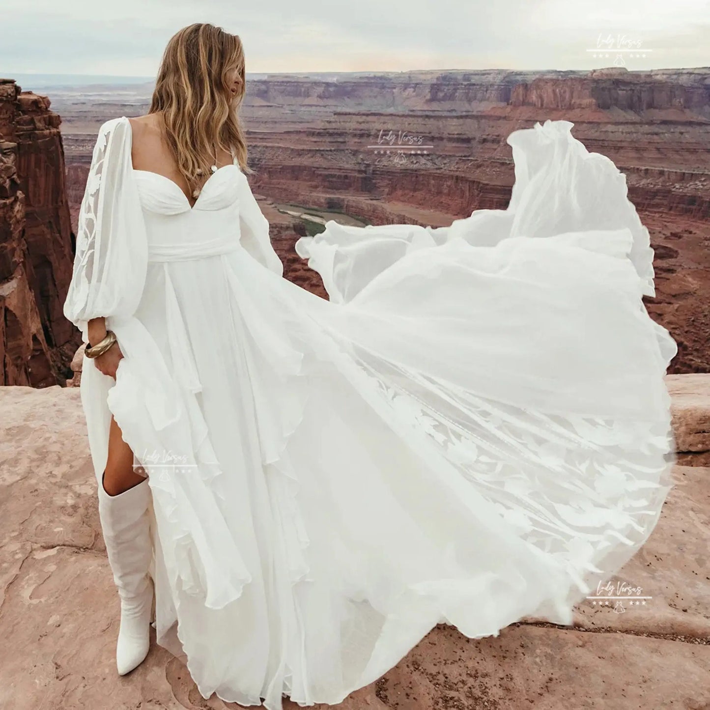 Beautiful Chiffon and combined lace detail  Bohemian elegant Lace Wedding  Dress /Beach wedding dress /bridal gown