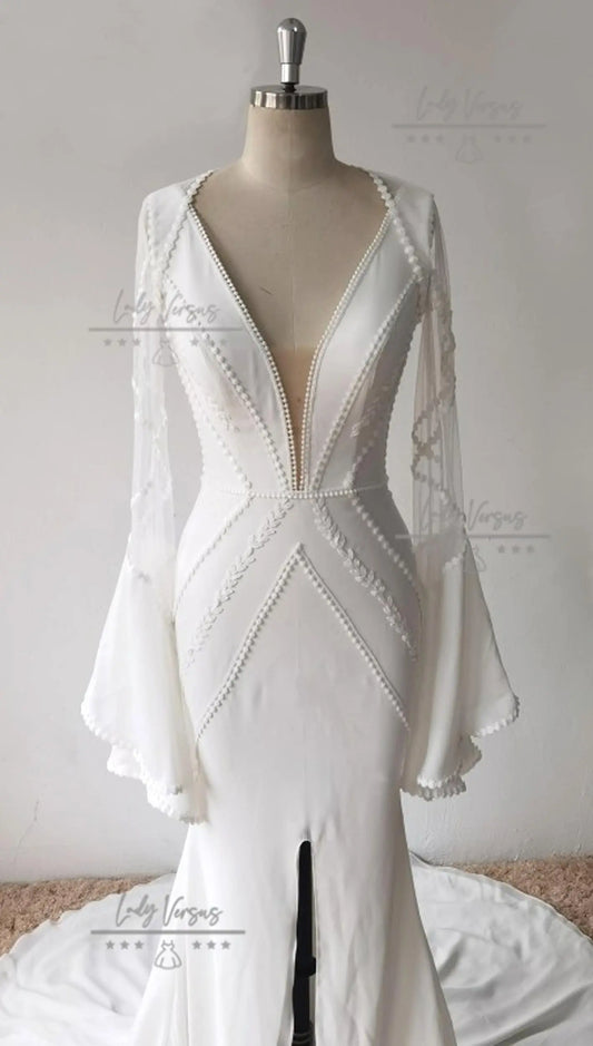 Bohemian elegant Lace Wedding  Dress /Beach wedding dress /bridal gown/ bohemian lace dress/ flair long sleeve