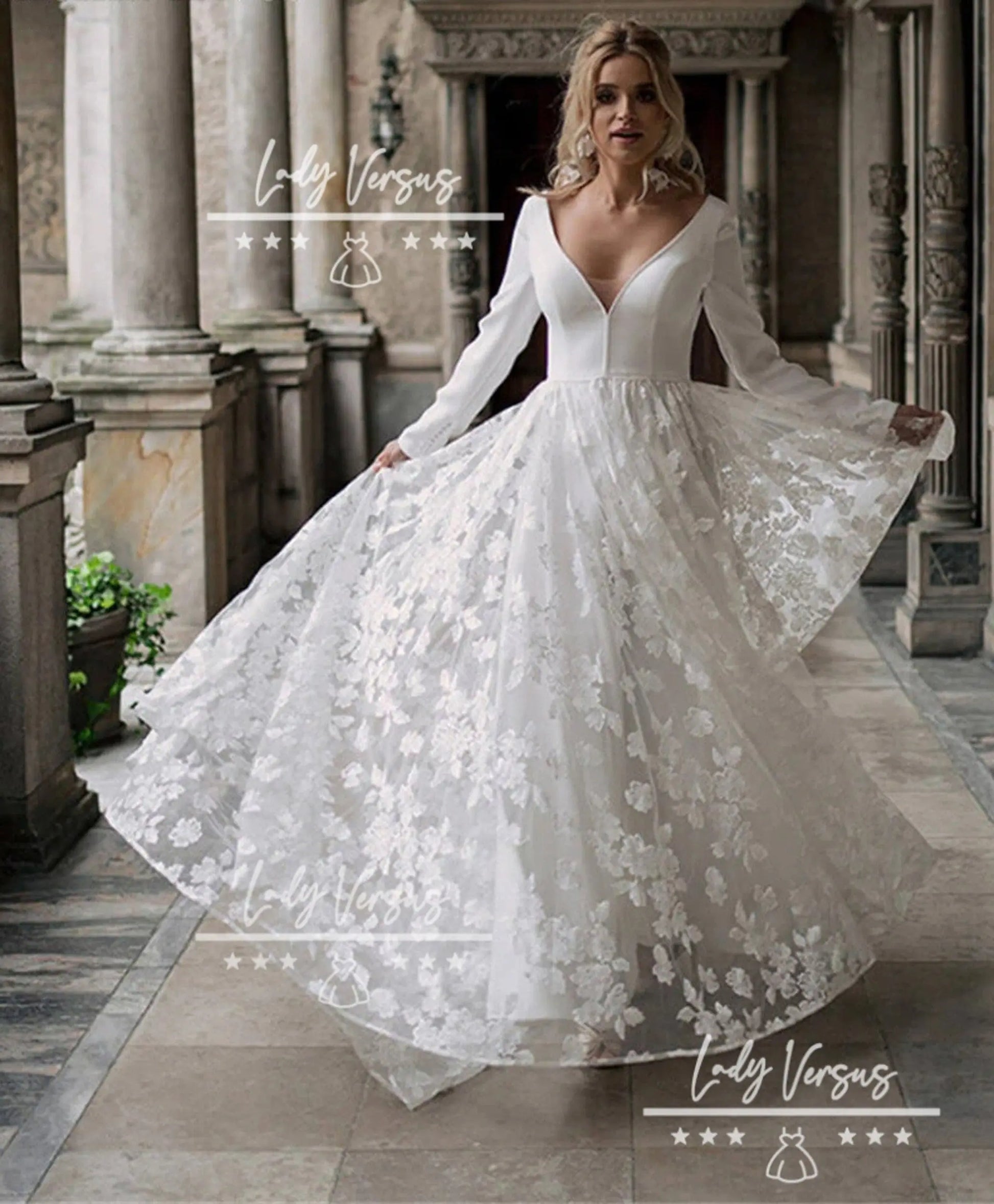 Elegant long sleeve bridal dress/ Classy Wedding  Dress /Beach wedding dress /bridal gown/ bohemian lace dress/  lace dress Lady Versus