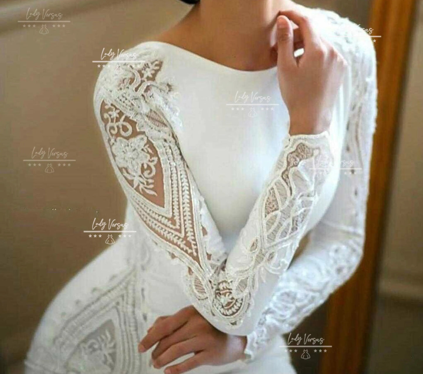 Elegant Satin with embedded lace Wedding  Dress /Beach wedding dress /bridal gown/ bohemian Long train dress/  lace dress long sleeves Lady Versus