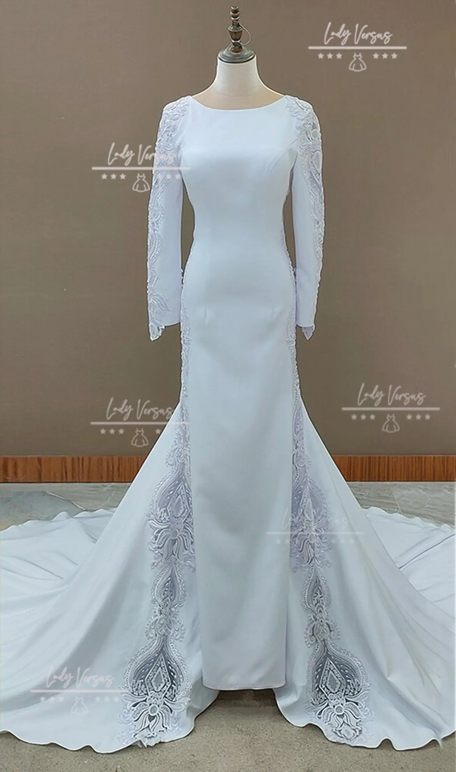 Elegant Satin with embedded lace Wedding  Dress /Beach wedding dress /bridal gown/ bohemian Long train dress/  lace dress long sleeves Lady Versus