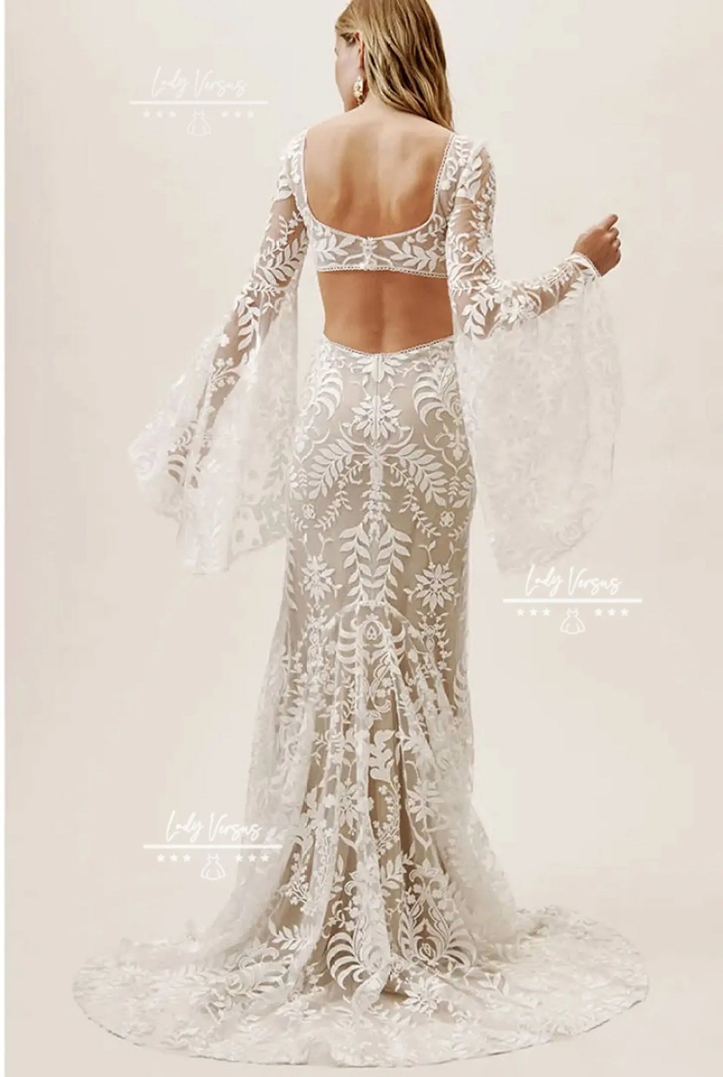 Bohemian elegant back cut out  Lace Wedding  Dress /Beach wedding dress /bridal gown/ bohemian lace dress/ long wide bell sleeves