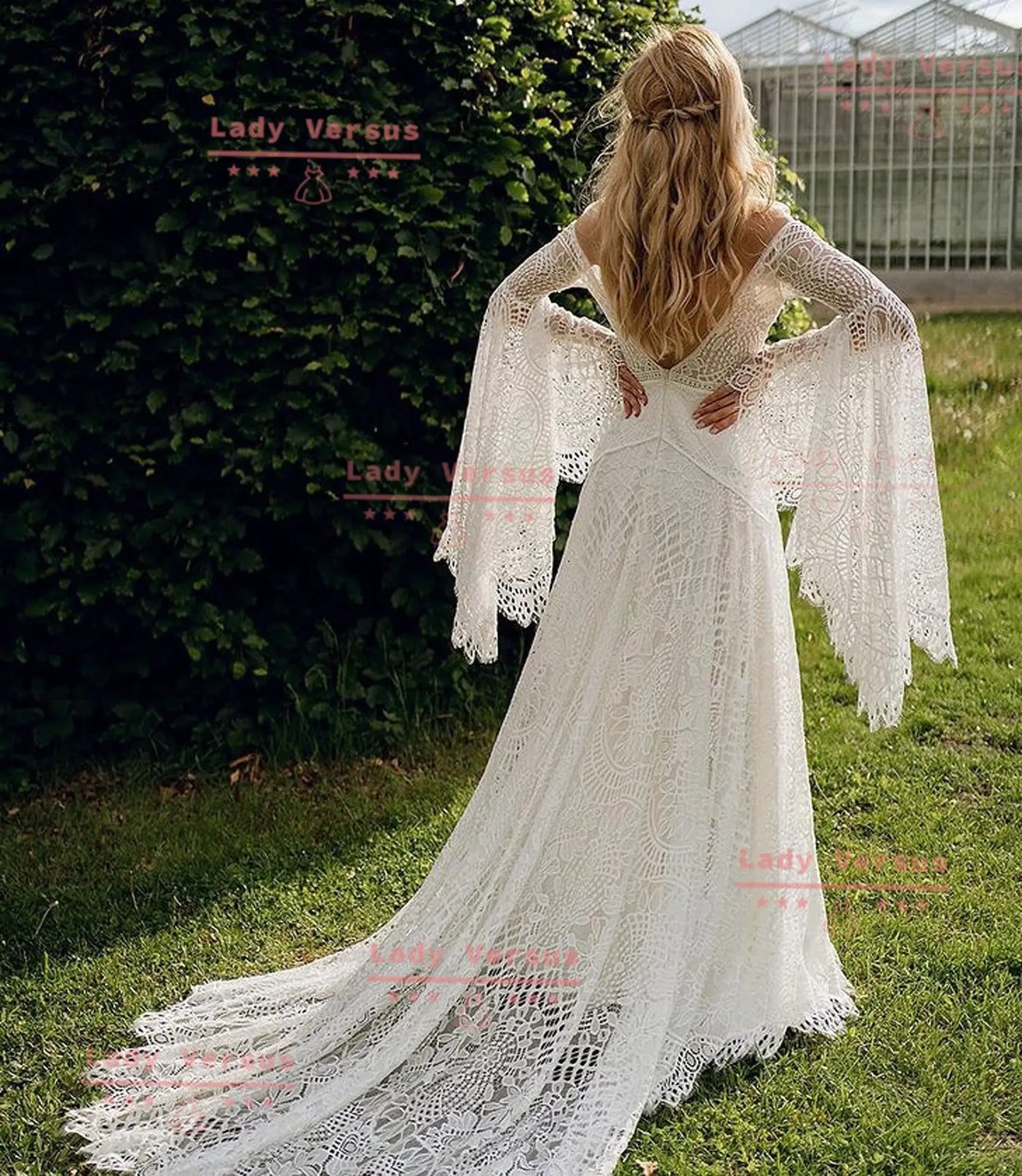 Bohemian elegant Lace Wedding  Dress /Beach wedding dress /bridal gown/ bohemian lace dress/ long wide sleeve lace dress Lady Versus
