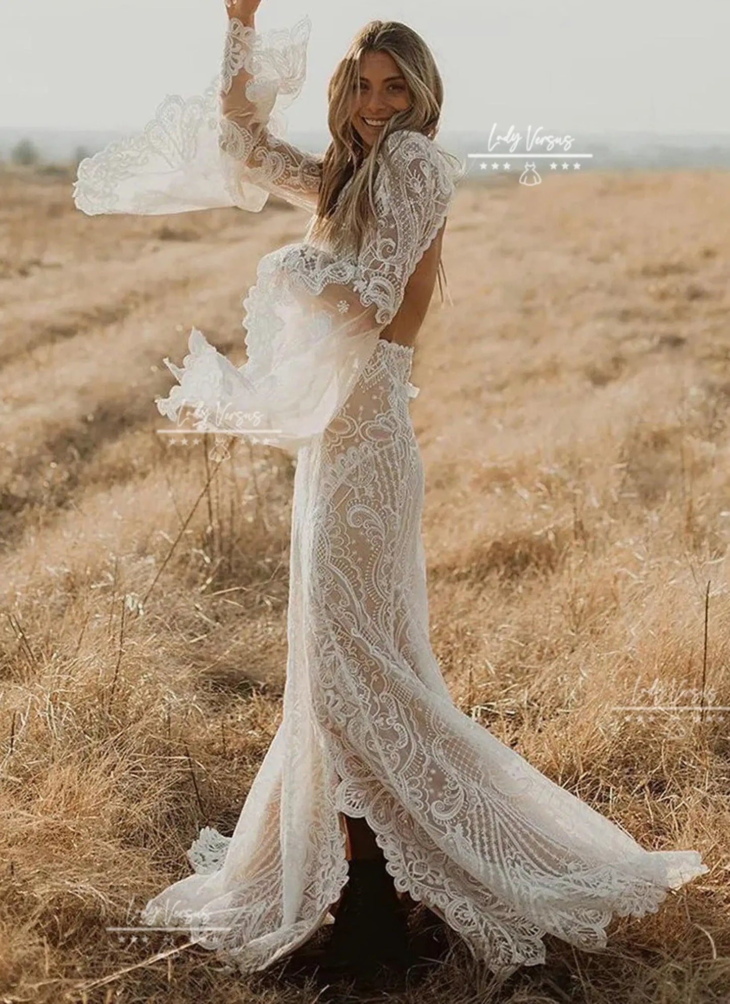 Gorgeous  lace Bohemian elegant Lace Wedding  Dress /Beach wedding dress /bridal gown/ bohemian lace dress/ long wide sleeve lace dress