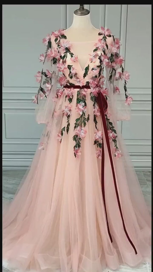 Unique Floral Occasion dress , Pink Long Sleeve Bridal or  prom dress ,Pink Wedding  Dress ,Beach wedding dress, long  sleeve flower dress