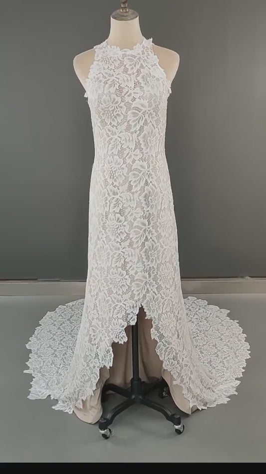 Bohemian halted elegant Lace Wedding  Dress /Beach wedding dress /bridal gown/ bohemian lace dress