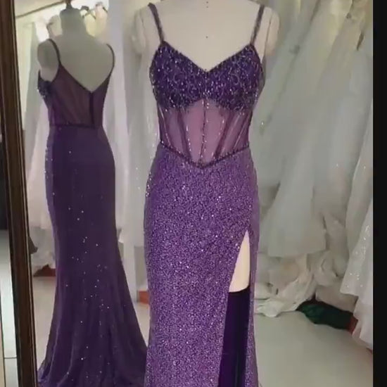 sequin shiny high slit Prom Dresses A-Line Princess corset bodice Spaghetti Straps Sleeveless Floor-Length Dress