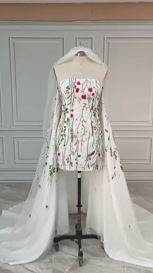 Beautiful summer flowers short embroidery Wedding  Dress   includes dress, detachable shawl and veil./Beach wedding dress /bridal gown