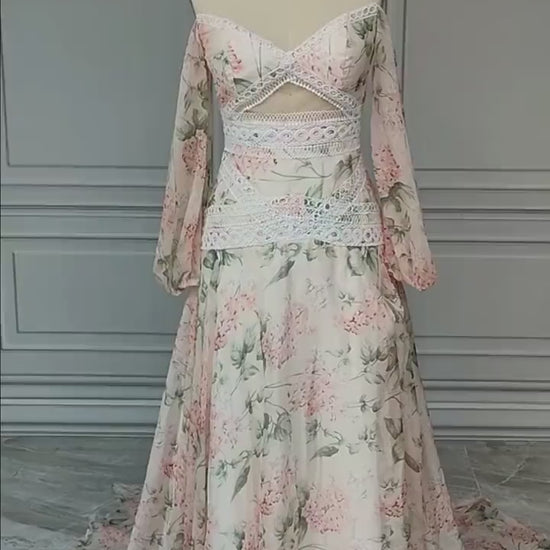Bohemian flower print Chiffon Wedding  Dress /Beach wedding dress /bridal gown/ bohemian  dress/   dress with off shoulder sleeves