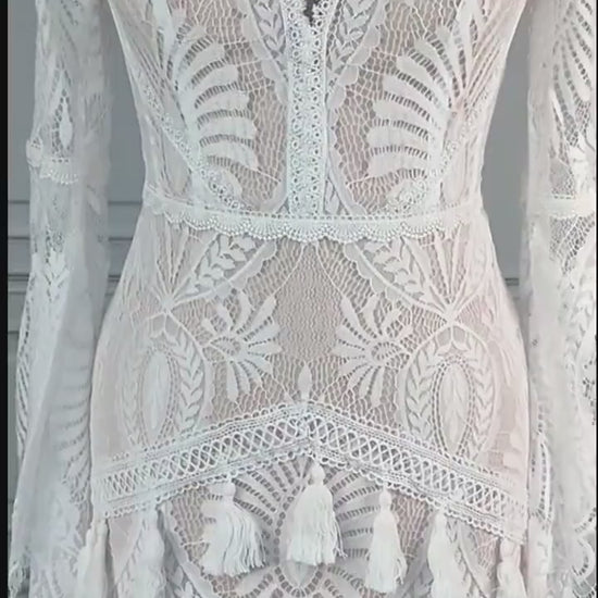 Bohemian elegant Lace Wedding Dress with sweep train /Flair sleeves /Beach wedding dress /bridal gown/ bohemian lace dress