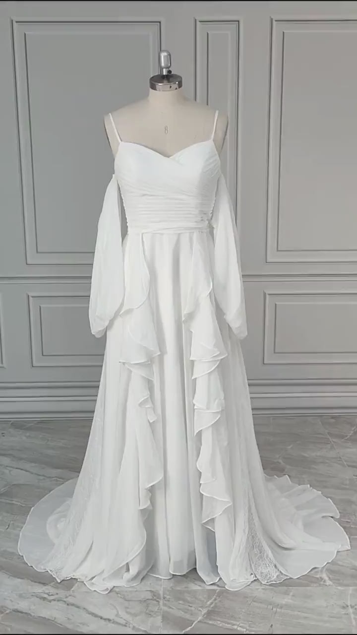 Beautiful Chiffon and combined lace detail  Bohemian elegant Lace Wedding  Dress /Beach wedding dress /bridal gown