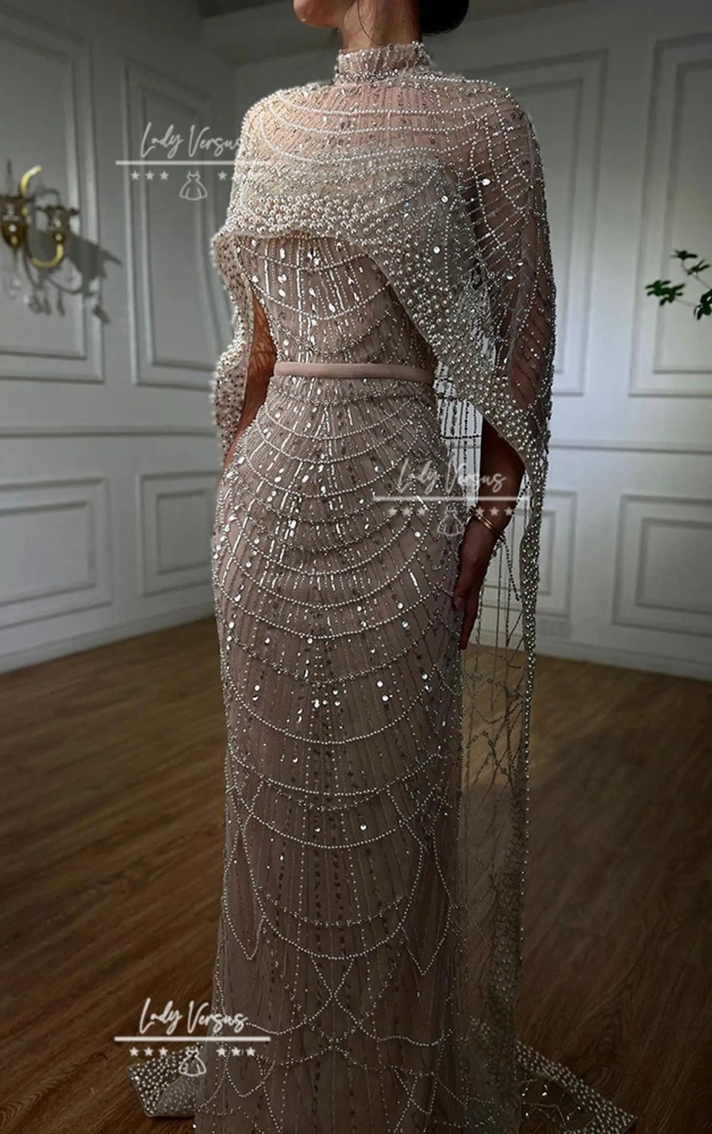 Beaded luxury dress with cape/ Wedding Guest dress/ evening gown/celebrity  dress/ Prom/Party Dress/ red carpet dress