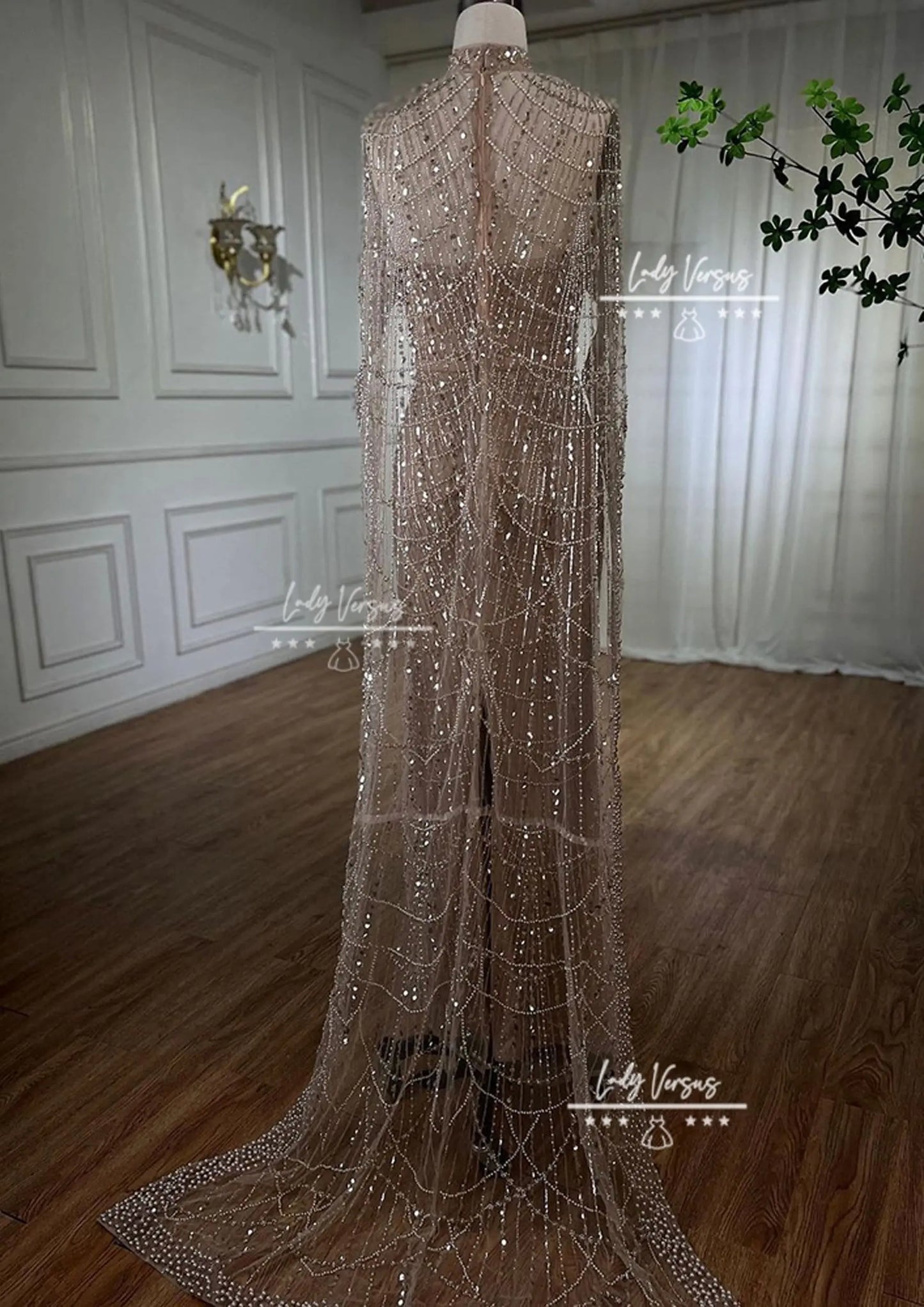 Beaded luxury dress with cape/ Wedding Guest dress/ evening gown/celebrity  dress/ Prom/Party Dress/ red carpet dress