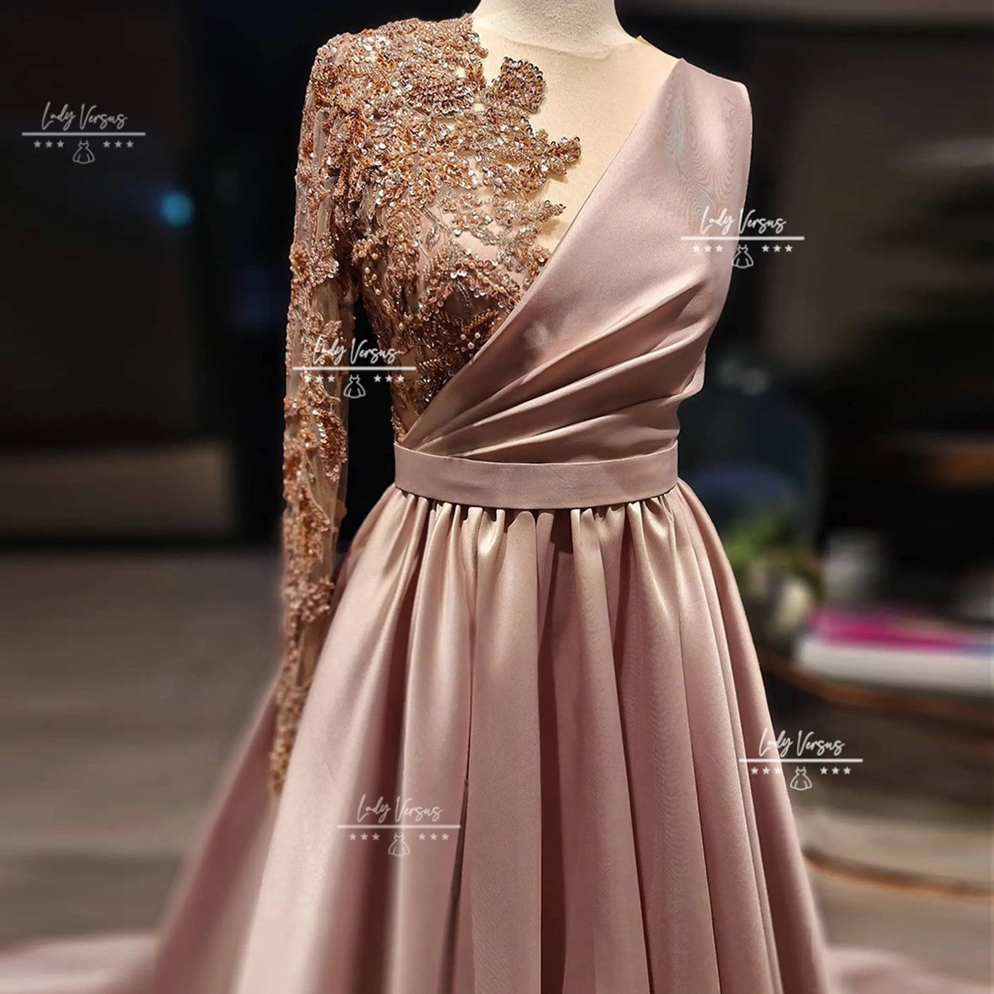 Luxury Satin Beaded long sleeve dress / Wedding Guest dress/ evening gown/celebrity dress/ Prom/Party Dress/ red carpet dress