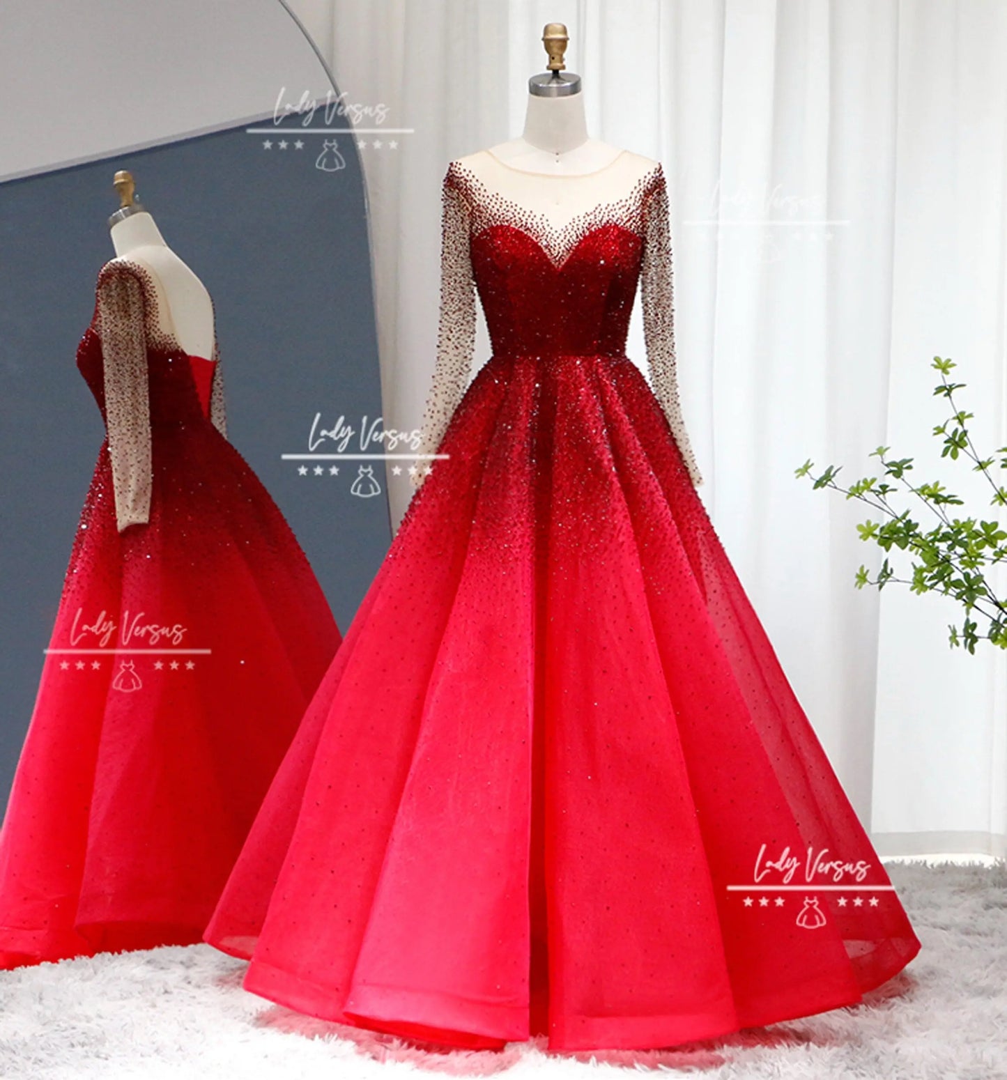 Luxury burgundy- red  Beaded long sleeve dress / Wedding Guest dress/ evening gown/celebrity dress/ Prom/Party Dress/ red carpet dress