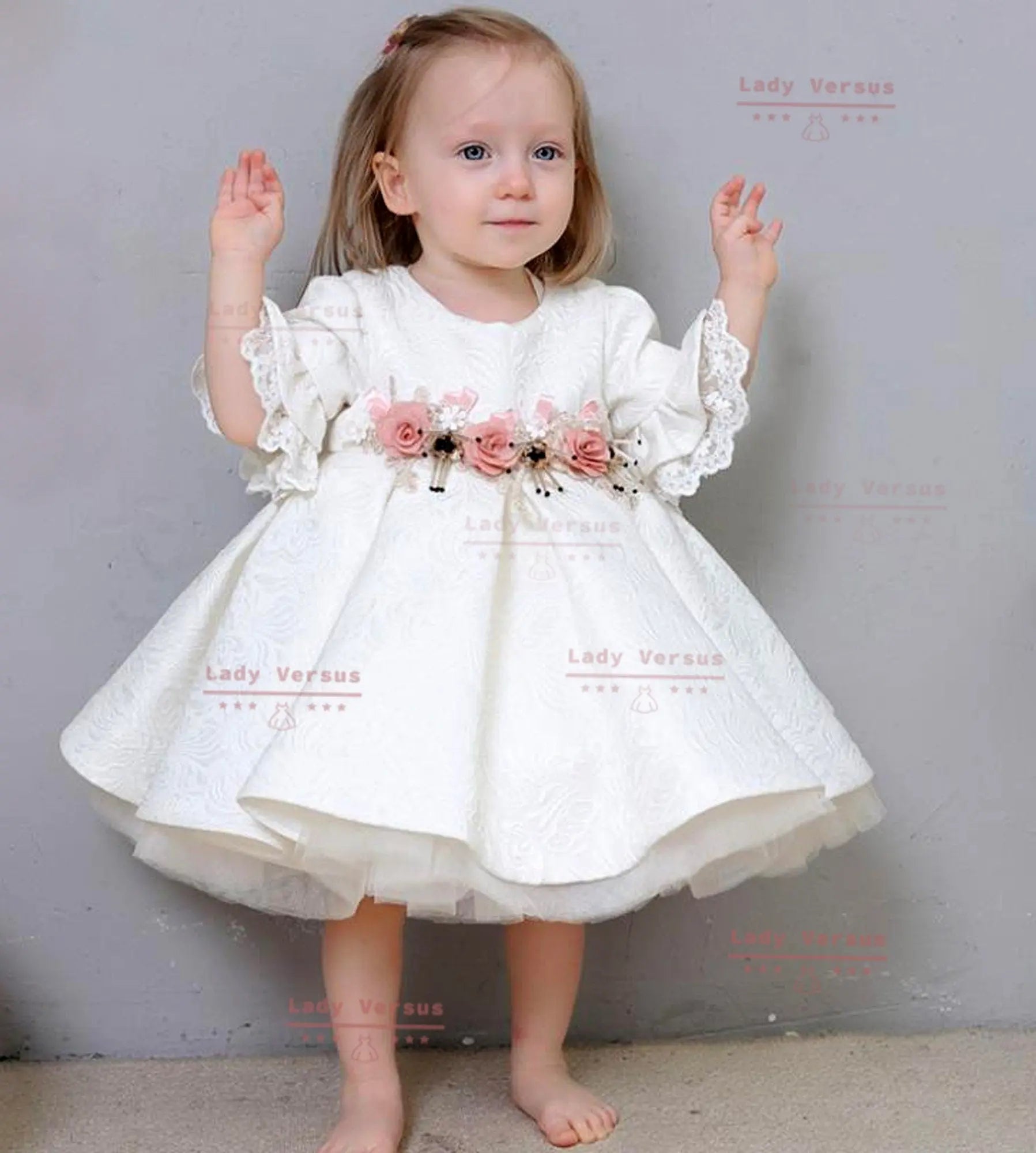 Off white dress with flowers belt Dress /Baby Girl Christening Gown/ Baby Girl Baptism Outfit/ birthday princess gown / toddler dress Lady Versus