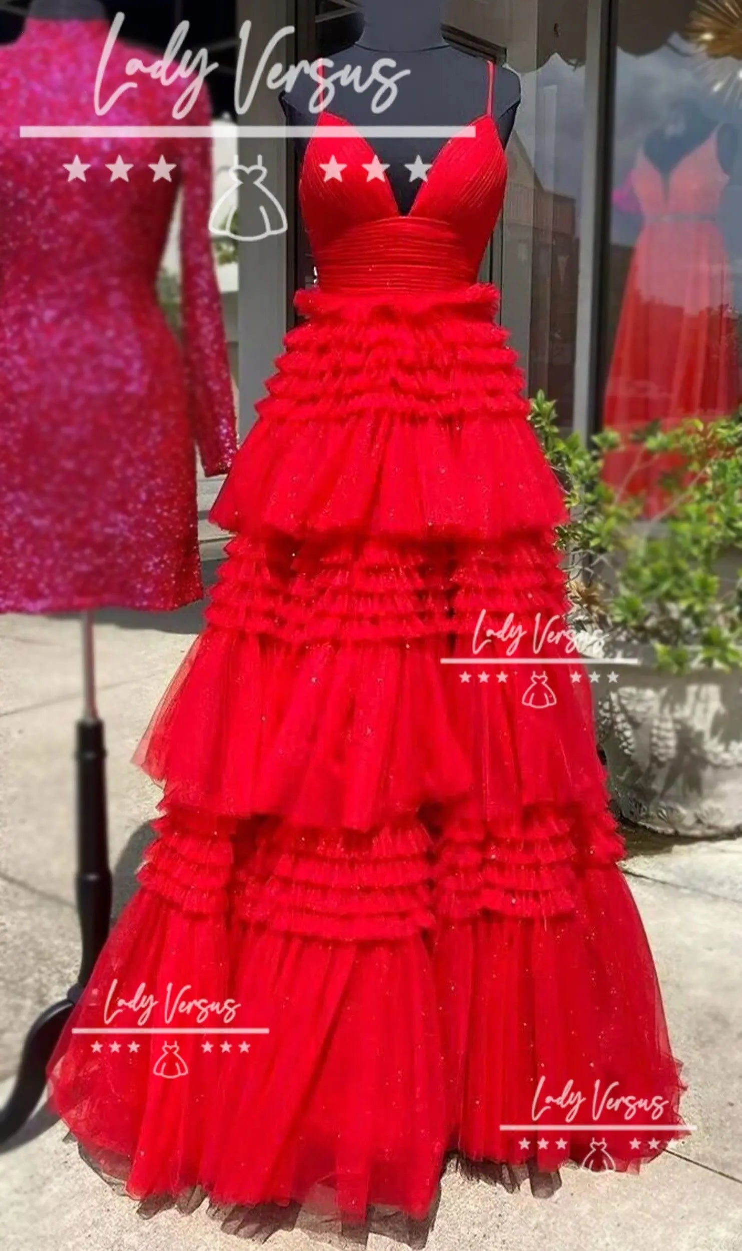 Prom princess dress/ Off Shoulder dress/ Ruffle skirt/ spaghetti straps/ evening dress/ prom dress/ wedding dress Lady Versus