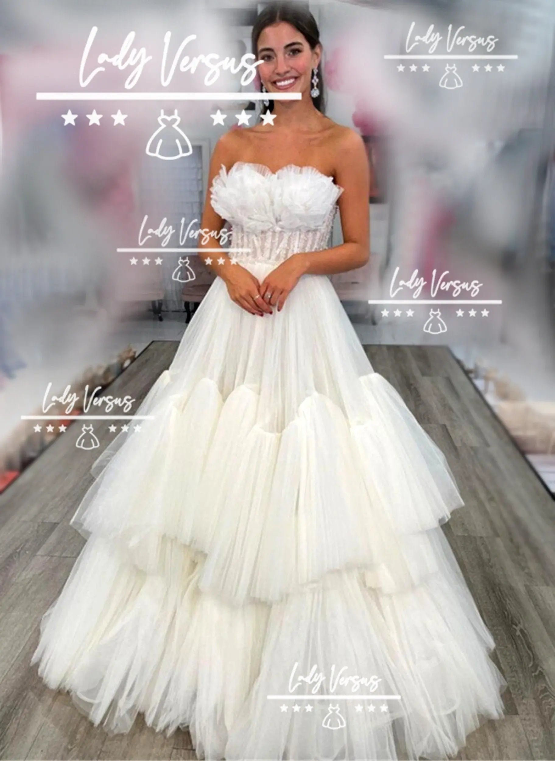Bridal frilly tulle dress/ Off Shoulder Ruffle top/ corset top/ evening dress/ prom dress/ wedding dress Lady Versus