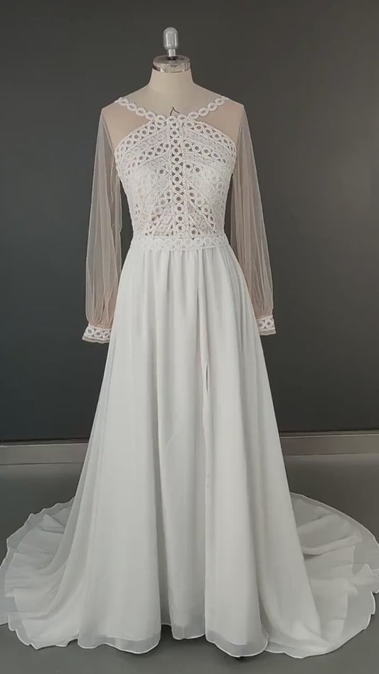 Elegant Round neck  Lace Wedding  Dress /Beach wedding dress /bridal gown/ bohemian lace dress