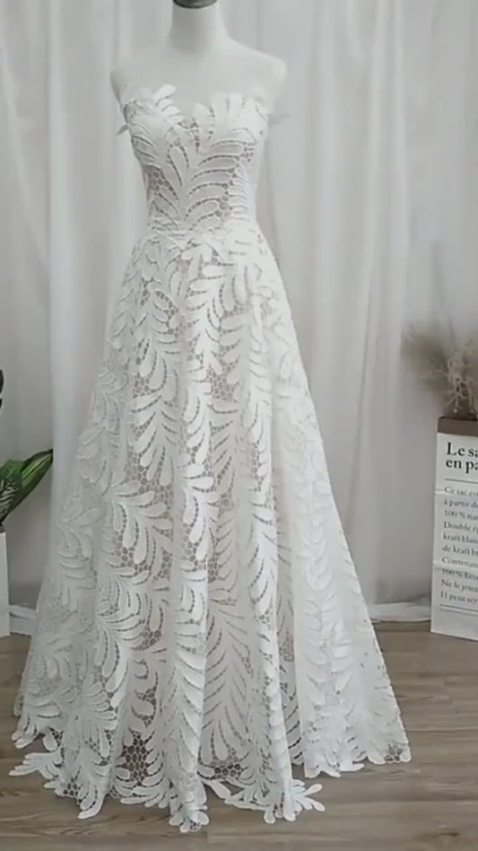 Unique Embroidery Bridal Dresses/ Large Leaf Lace  Strapless Wedding dress/ Long Train or floor length skirt/ Wedding dress /bridal gown