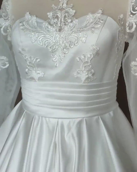 Wedding  Dress Elegant Satin with embedded lace  /Beach wedding dress /bridal gown/ bohemian Long train dress/  Satin dress long sleeves