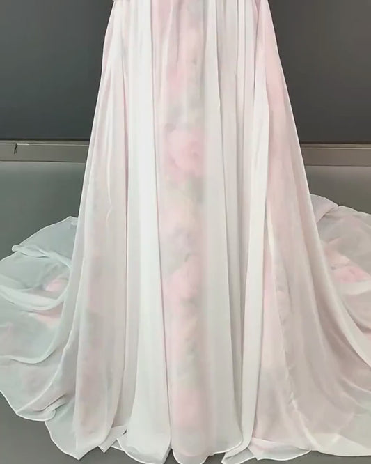 Unique Flower enhanced top ,Chiffon  floaty Wedding  Dress /Beach wedding dress /bridal gown/ bohemian dress/ Bridal dress