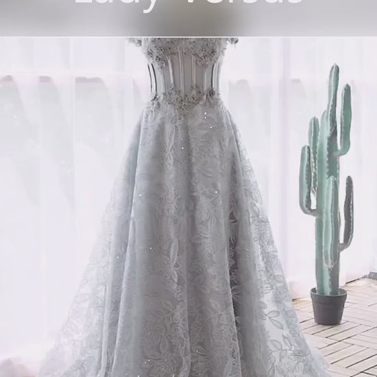 Grey 3D flowers  Wedding  Dress /Beach wedding dress /bridal gown/ bohemian lace dress/  lace dress/ Bridal dress/Prom Dress/Evening gown