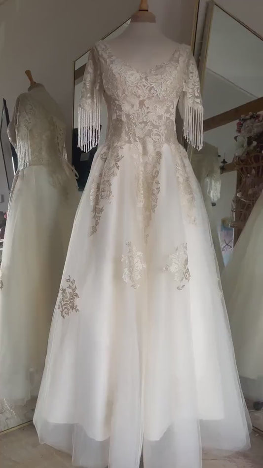Elegant golden beige tulle  Wedding  Dress embellished with light golden apliques /Beach wedding dress /bridal gown/ Prom Dress