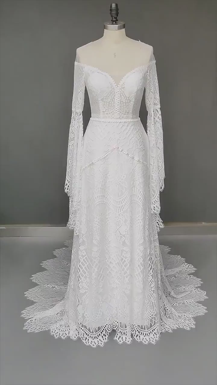 Bohemian elegant Lace Wedding  Dress /Beach wedding dress /bridal gown/ bohemian lace dress/ long wide sleeve lace dress